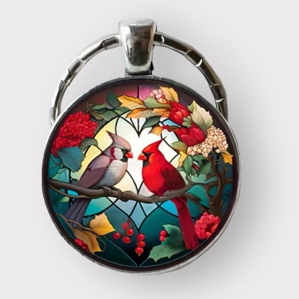 Cardinal Keychain Stained Glass Birds Motif Keyring Pendant Floral Multipurpose - Picture 2 of 15